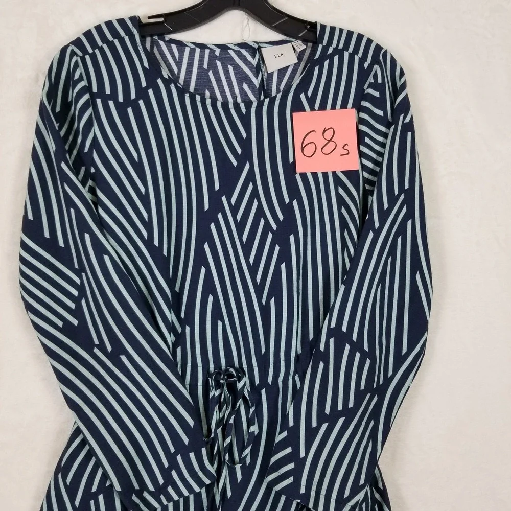 ELK Women Navy Mint‎ Stripe Drawstring Waist Midi Dress Viscose Linen Blend US 4